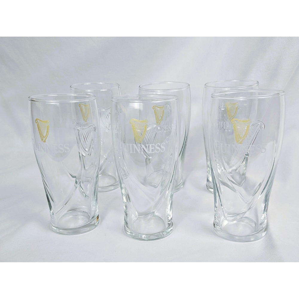 Guinness Gravity Pint Beer Glasses Set of 6 Gold Harp Logo Embossed Barware